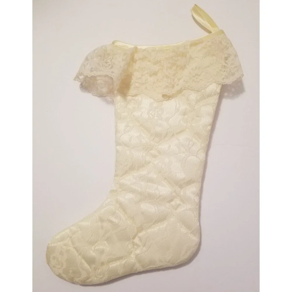 Victorian  Stocking Hanging Flower Ribbon Lace Overlay Quilted French Country